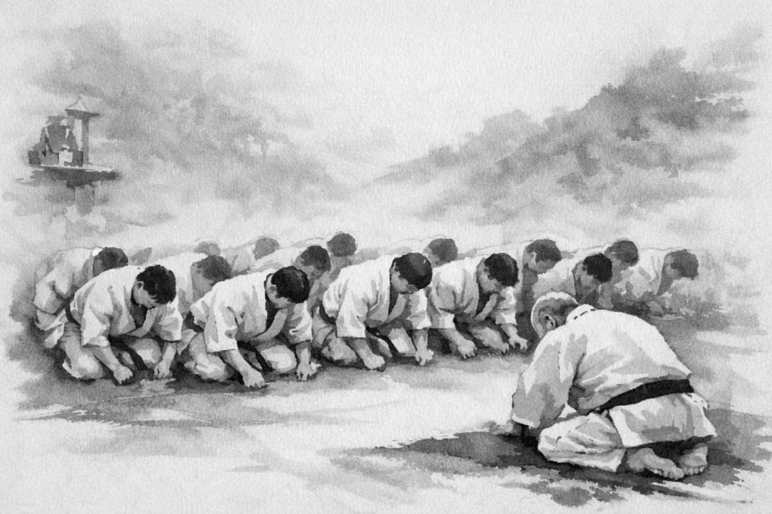 A group of karate practitioners in white gi sitting in seiza and bowing forward in respect. An instructor with a black belt sits at the front, also in seiza, bowing deeply. The image is monochrome with a neutral, simple background that reinforces the sense of discipline and stillness.