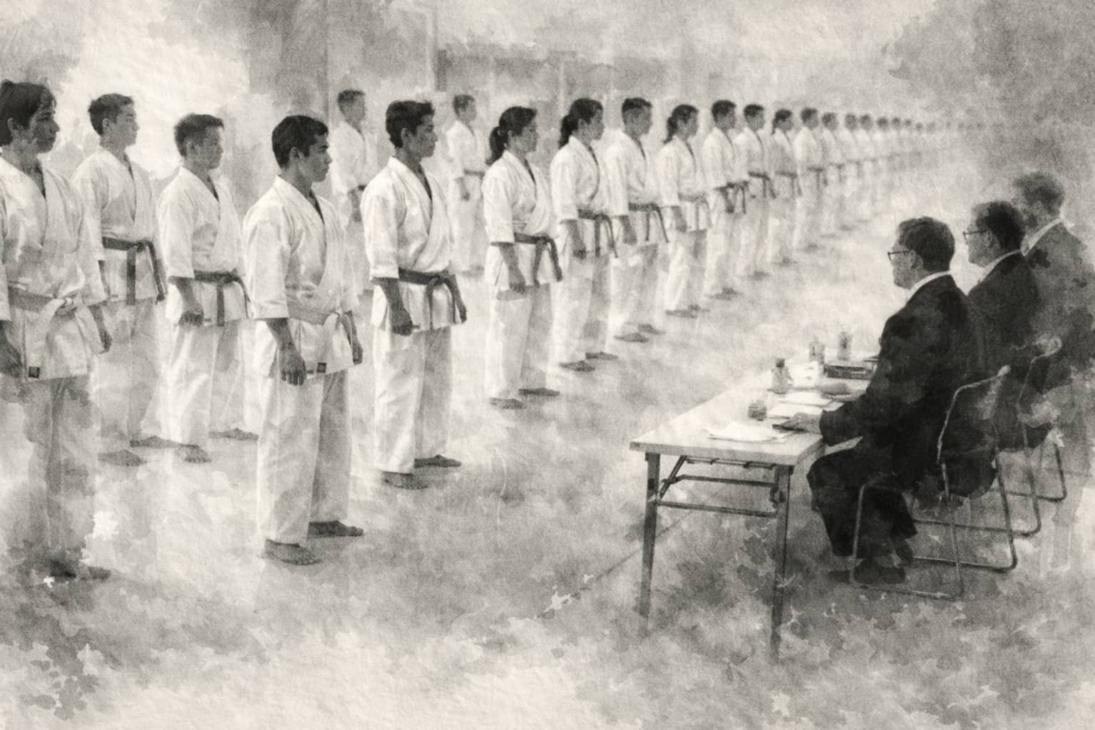 Sumi-e style image of a Kyokushin grading ceremony where students stand in straight lines before a judging panel in a dojo, monochrome and focused on discipline and posture.