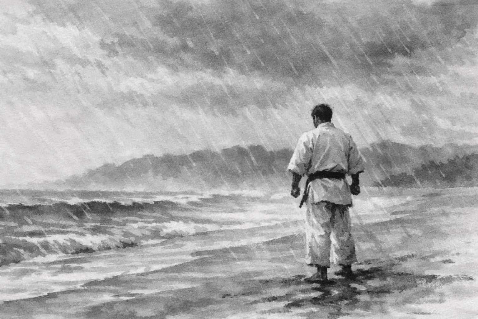 Sumi-e inspired illustration of a solitary karate practitioner in gi standing on a beach in the rain, looking out over the sea, with dark clouds and mountains in the background.