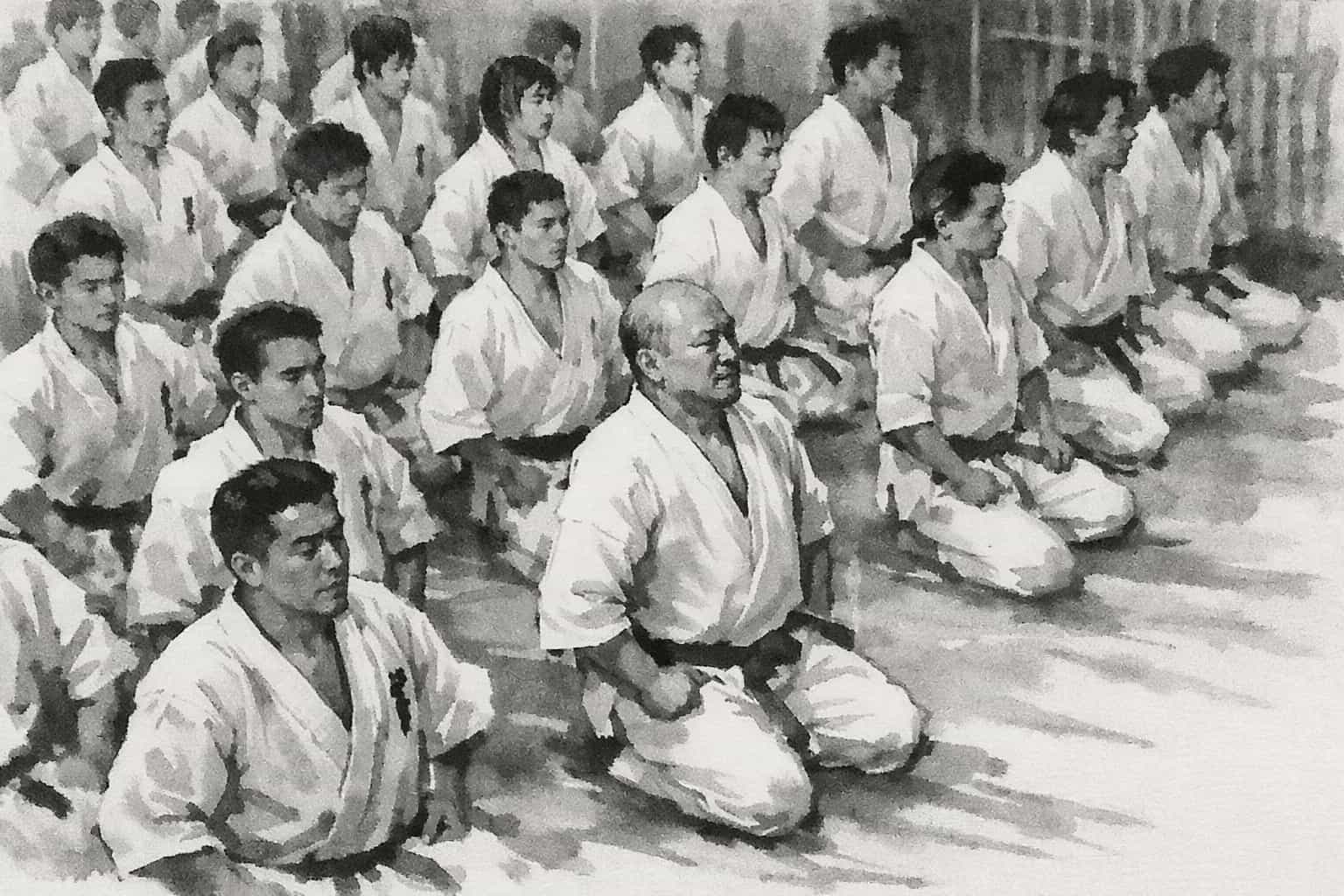 Practitioners seated in seiza before reciting the Dojo Kun. Stillness, respect, and shared discipline form the foundation of Kyokushin’s path.