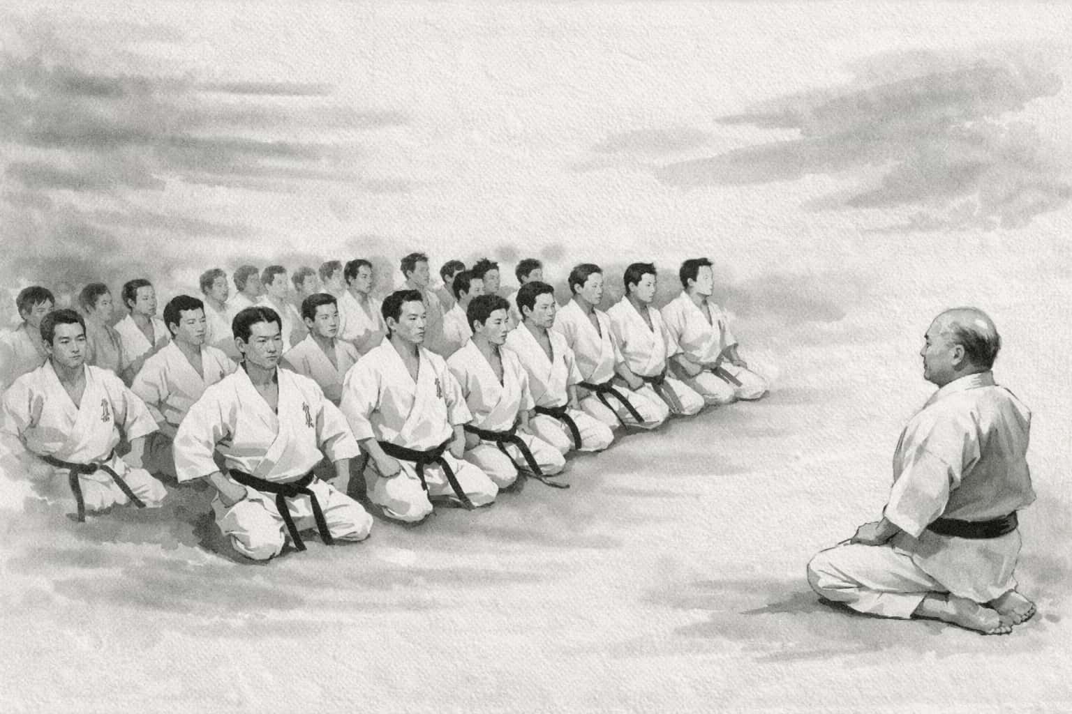 An elderly instructor sits in seiza at the front of a dojo, addressing a larger group of karate practitioners seated in straight lines. All wear white gi with black belts. Wooden floors and wall panels are visible in the background, along with Japanese calligraphy on the walls. The atmosphere is calm and disciplined.