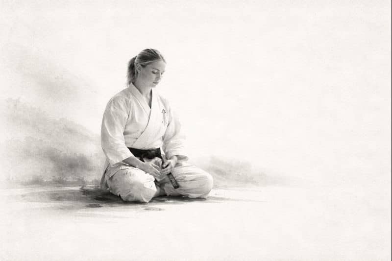 Illustration: Black-and-white image of a woman in a karate gi with a black belt sitting in seiza with her hands resting on her thighs and her gaze directed downward.