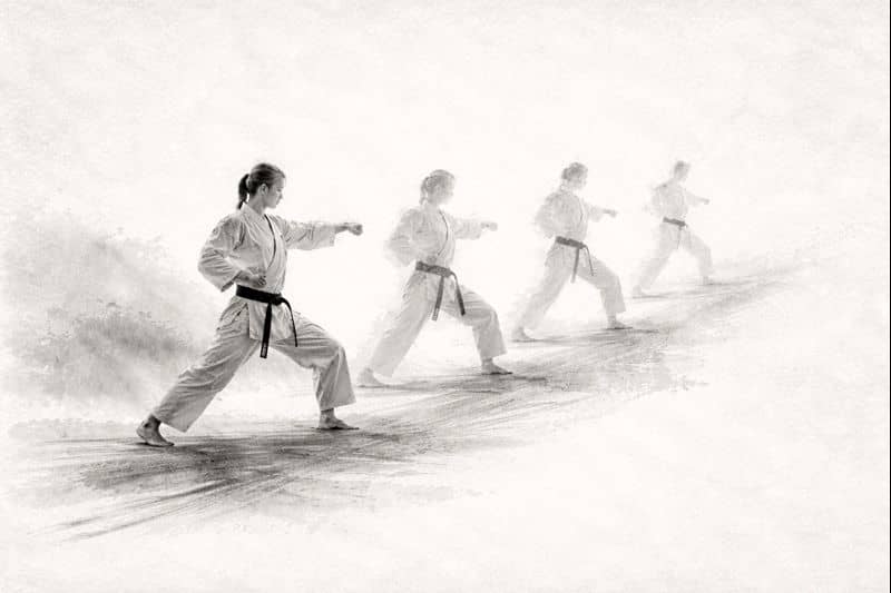 Illustration: Black-and-white image showing progression in a karate stance.