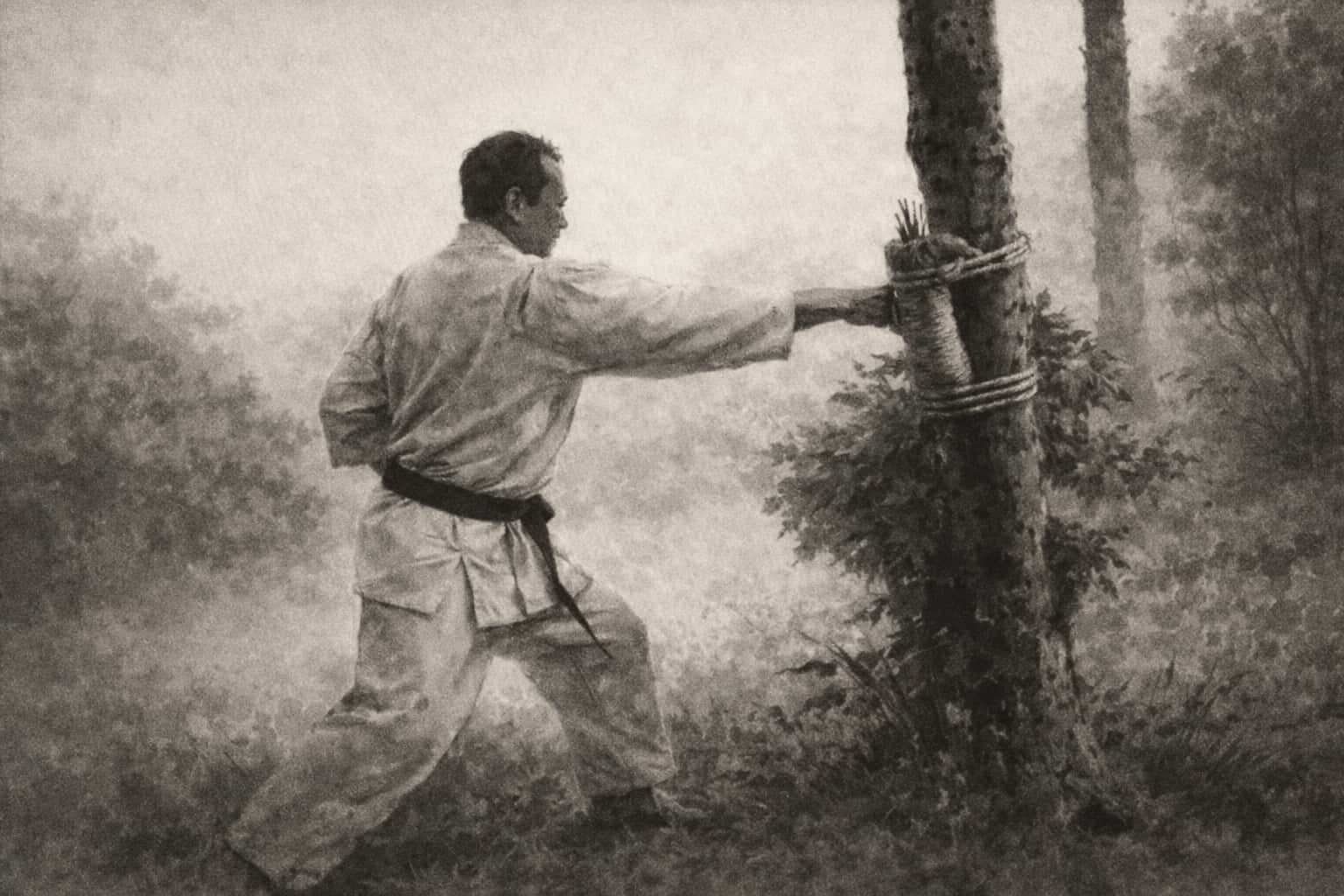 Black and white image of a man in karate attire training punches against a rope-wrapped wooden post fixed to a tree in a forest setting. He stands in a wide stance, striking with an extended arm against the training implement.